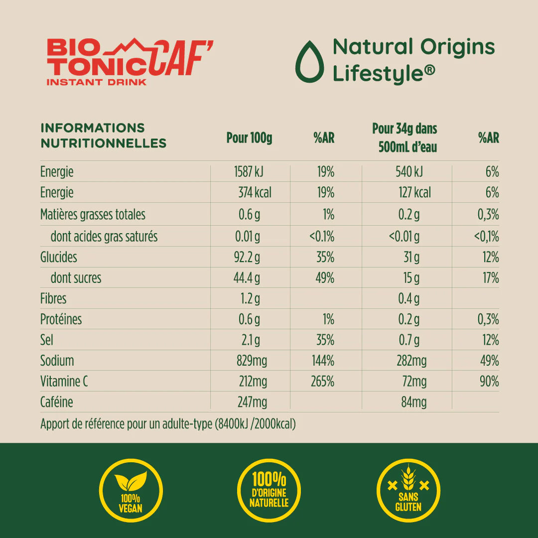 BioTonic Caf : LA Boisson Énergétique Isotonique Bio 100% Naturelle version caféine - Natural Origins